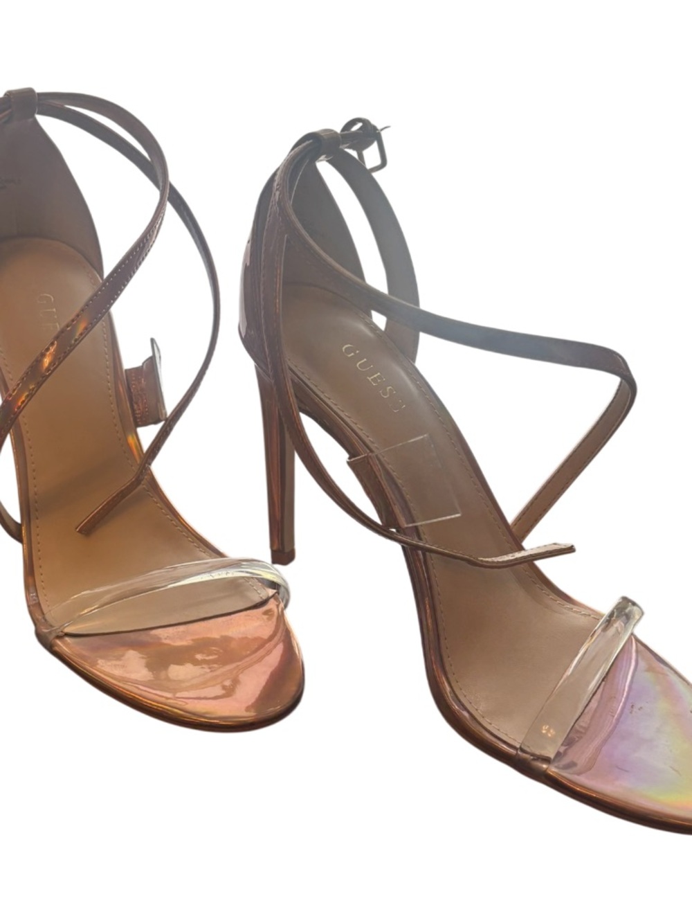 GUESS Iridescent Rose Gold Strappy Stiletto Sandals
